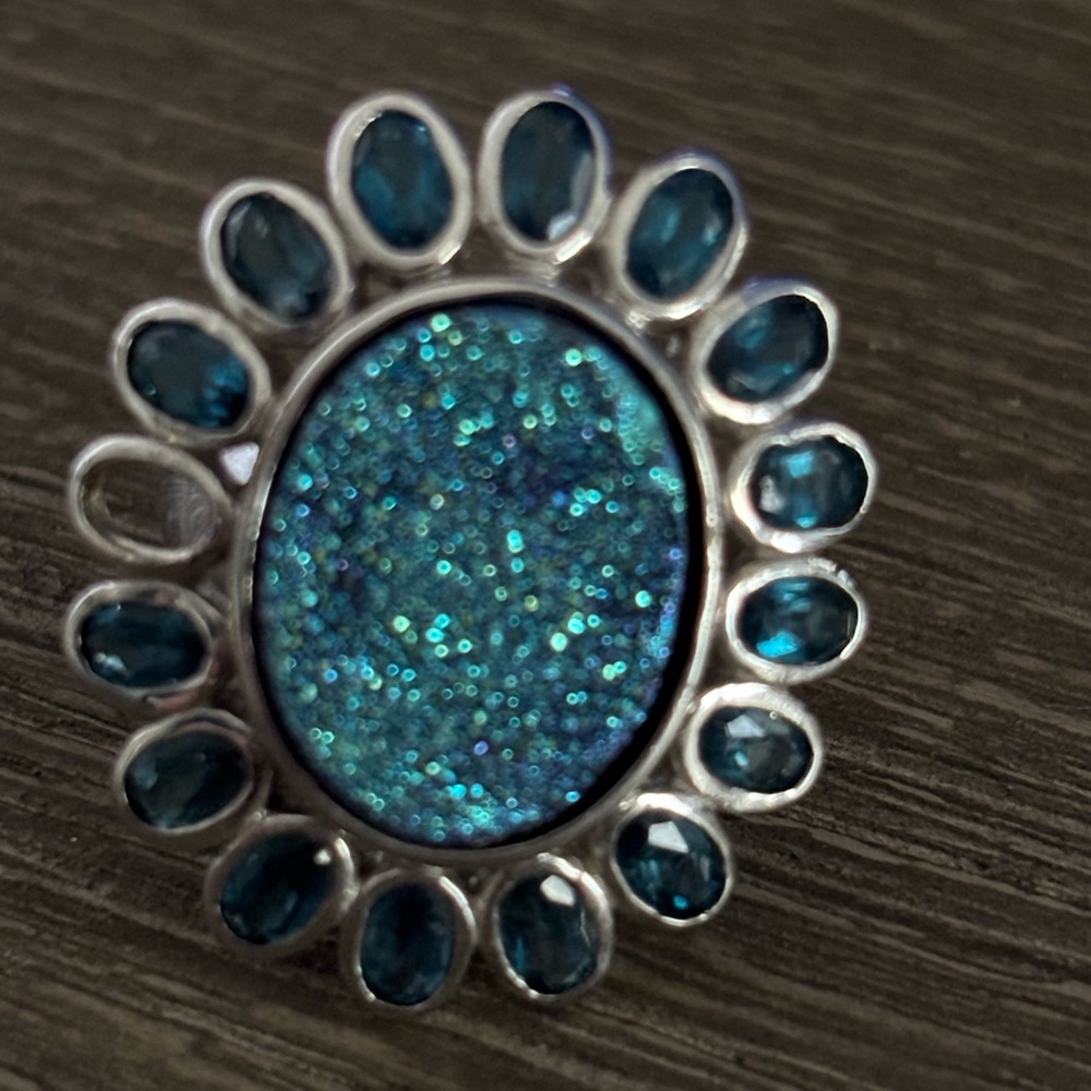 VTG London blue topaz & teal blue titanium druzy SS Ring
